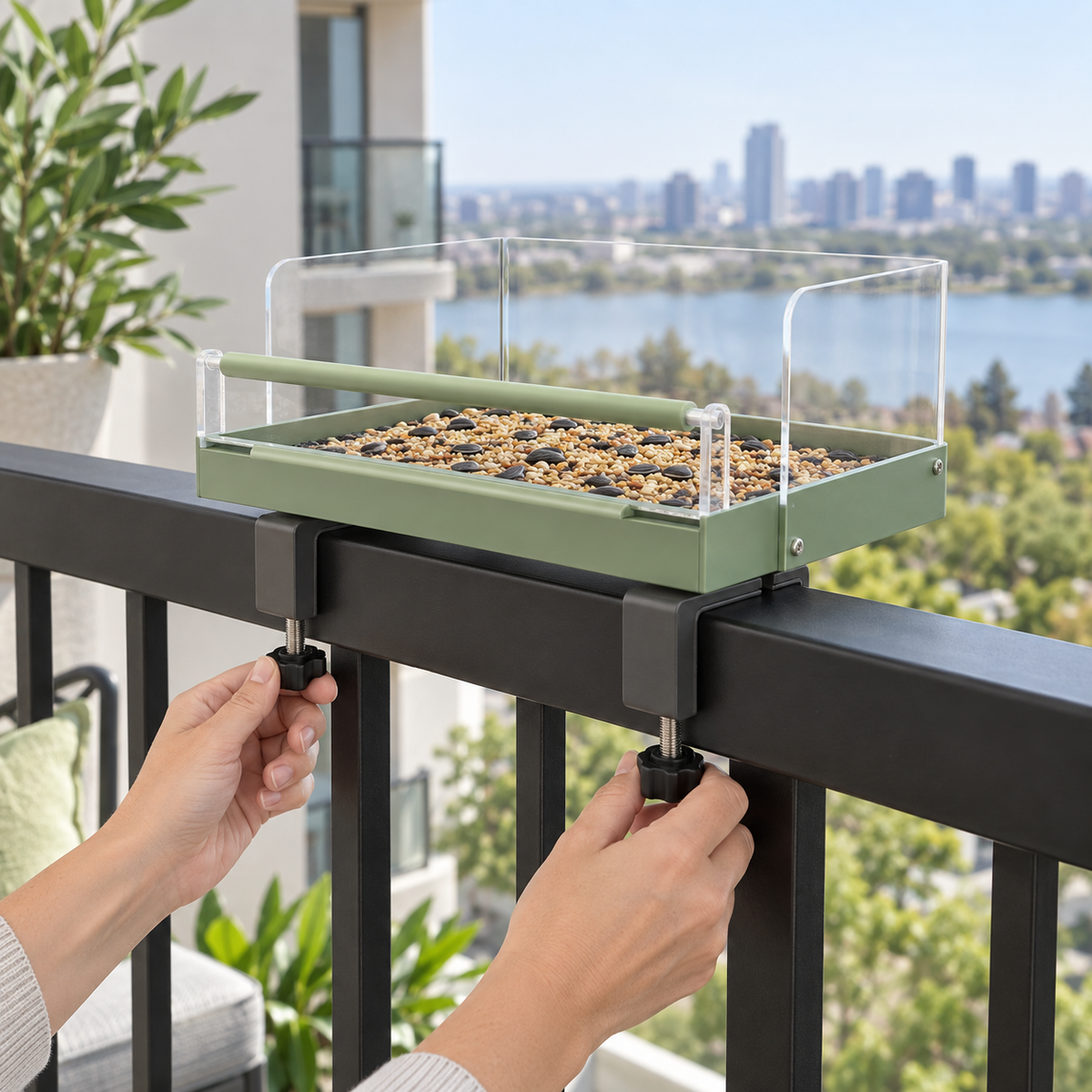 Clamp-On Balcony Bird Feeder with Clear Wind Guard