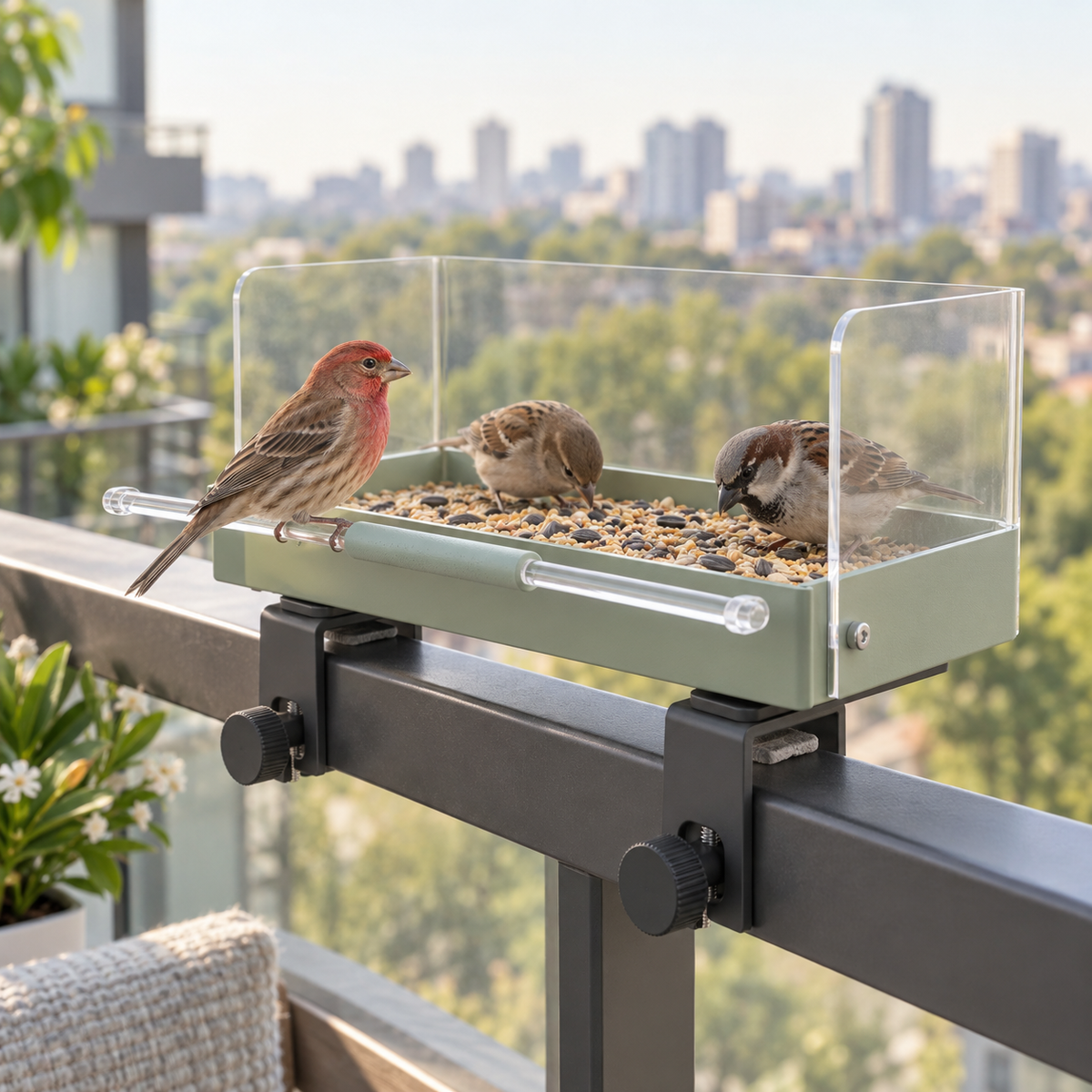 Clamp-On Balcony Bird Feeder with Clear Wind Guard