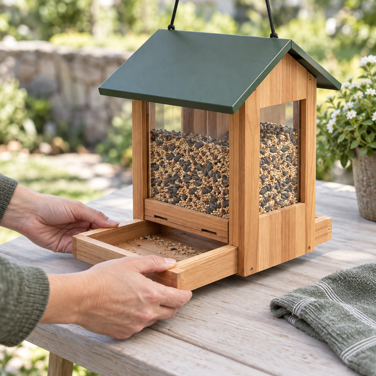 Wooden Cottage Hopper Bird Feeder